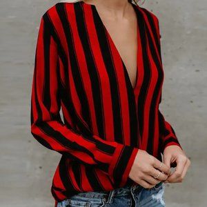 Stripes Deep V Long Sleeve Casual Blouse